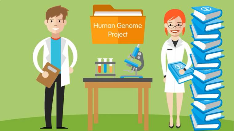 Illustration of scientists and the Human Genome Project, representing the research used to map and understand the human genome.