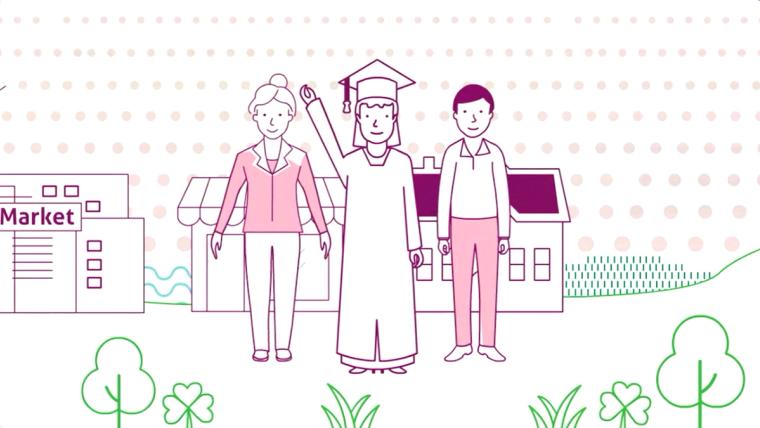 Illustration of a graduate standing with her parents in a rural community.
