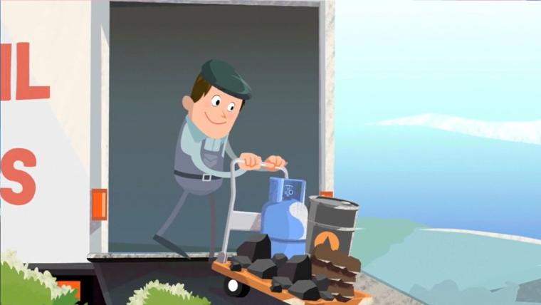 Illustration showing a delivery of fossil fuels, including coal, oil and gas.