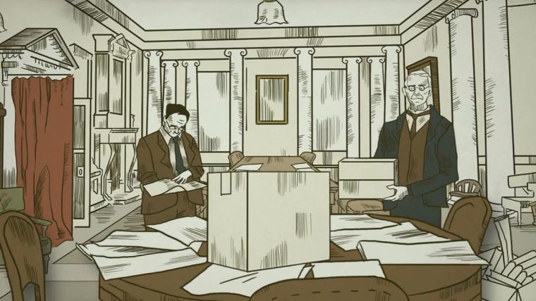 Historical illustration of two men working among documents and archive boxes inside the Oireachtas Library.