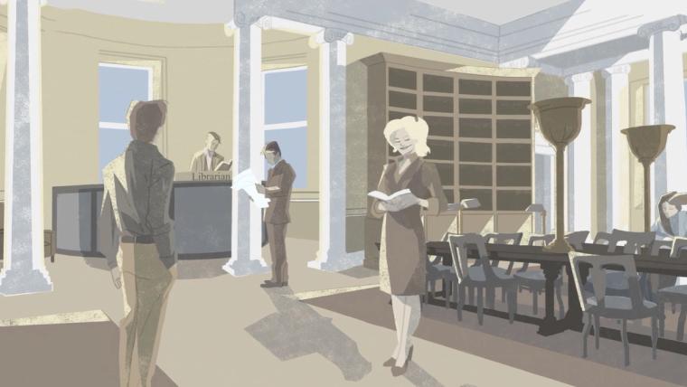 Illustration of people reading and researching inside the Oireachtas Library.