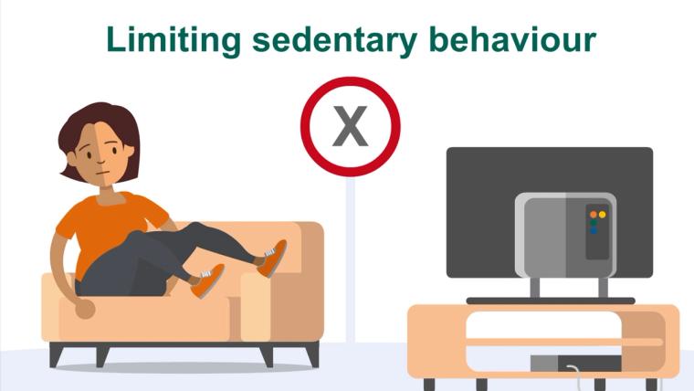 Illustration encouraging people to limit sedentary behaviour, showing a person sitting on a sofa watching television.
