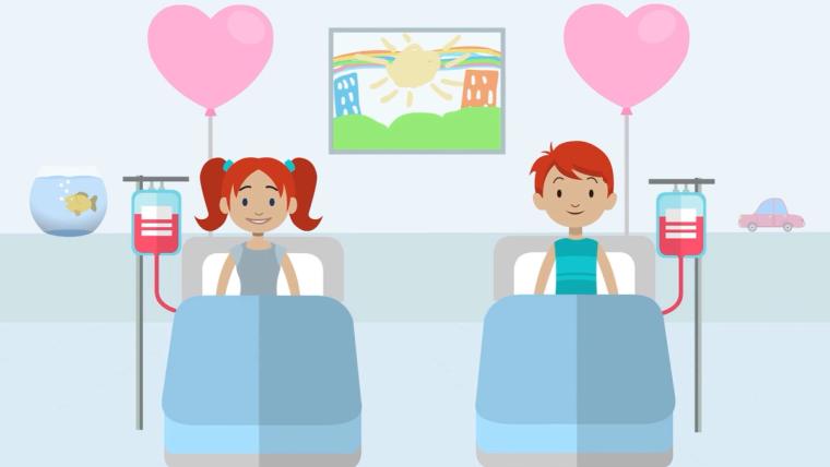 Illustration of two children receiving treatment in hospital as part of a clinical trial.