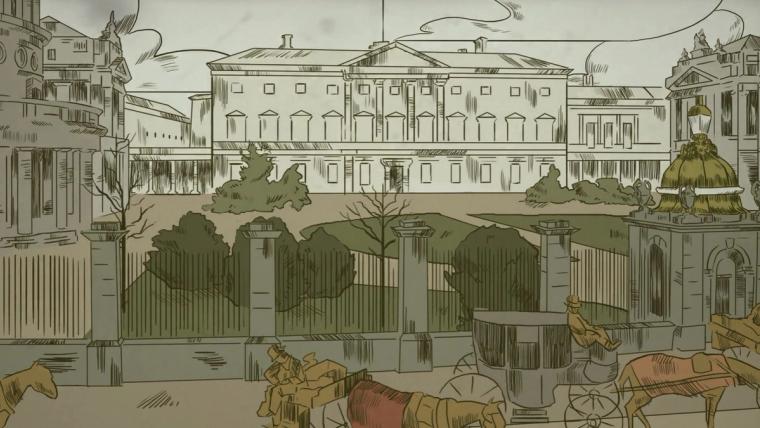Historical illustration of Leinster House in Dublin, with horse-drawn carriages passing in the foreground.