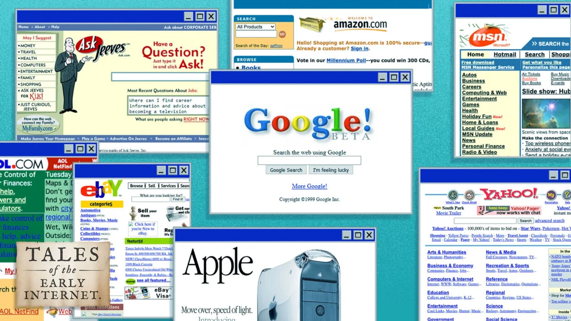 Collage of retro late-1990s websites, including early versions of Ask Jeeves, MSN, and Amazon.com, with bright, cluttered layouts, simple graphics, and text-heavy homepages that evoke the dot-com era rush for an online presence.
