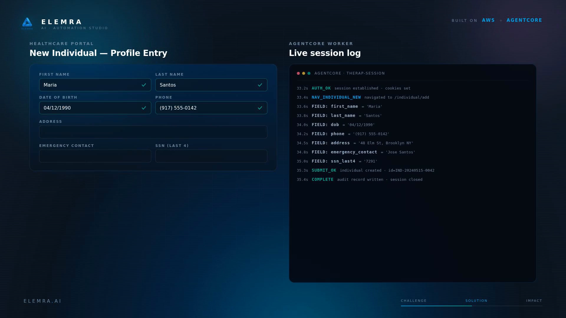 Split-screen view: Therap onboarding form fields being driven by the Elemra browser-automation agent, with the live action log on the right.