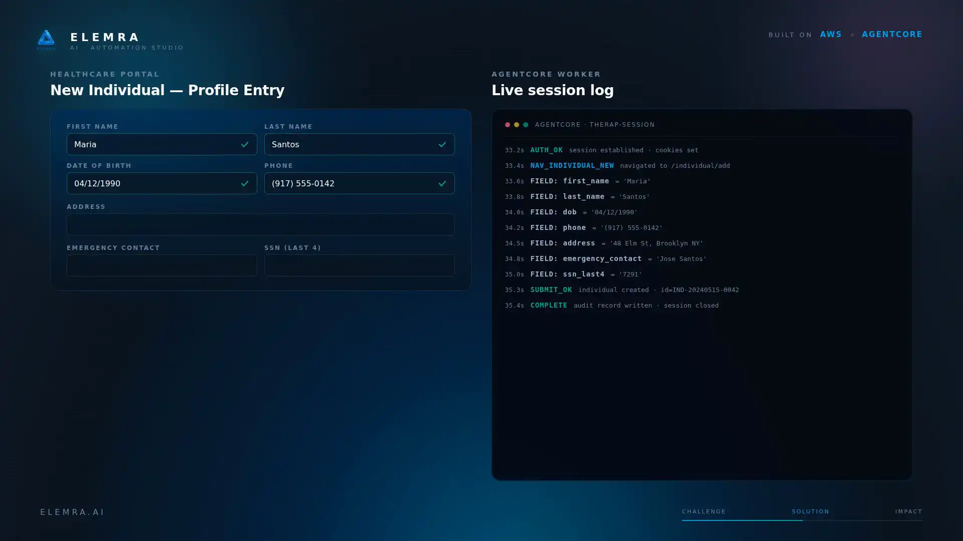 Split-screen view: Therap onboarding form fields being driven by the Elemra browser-automation agent, with the live action log on the right.