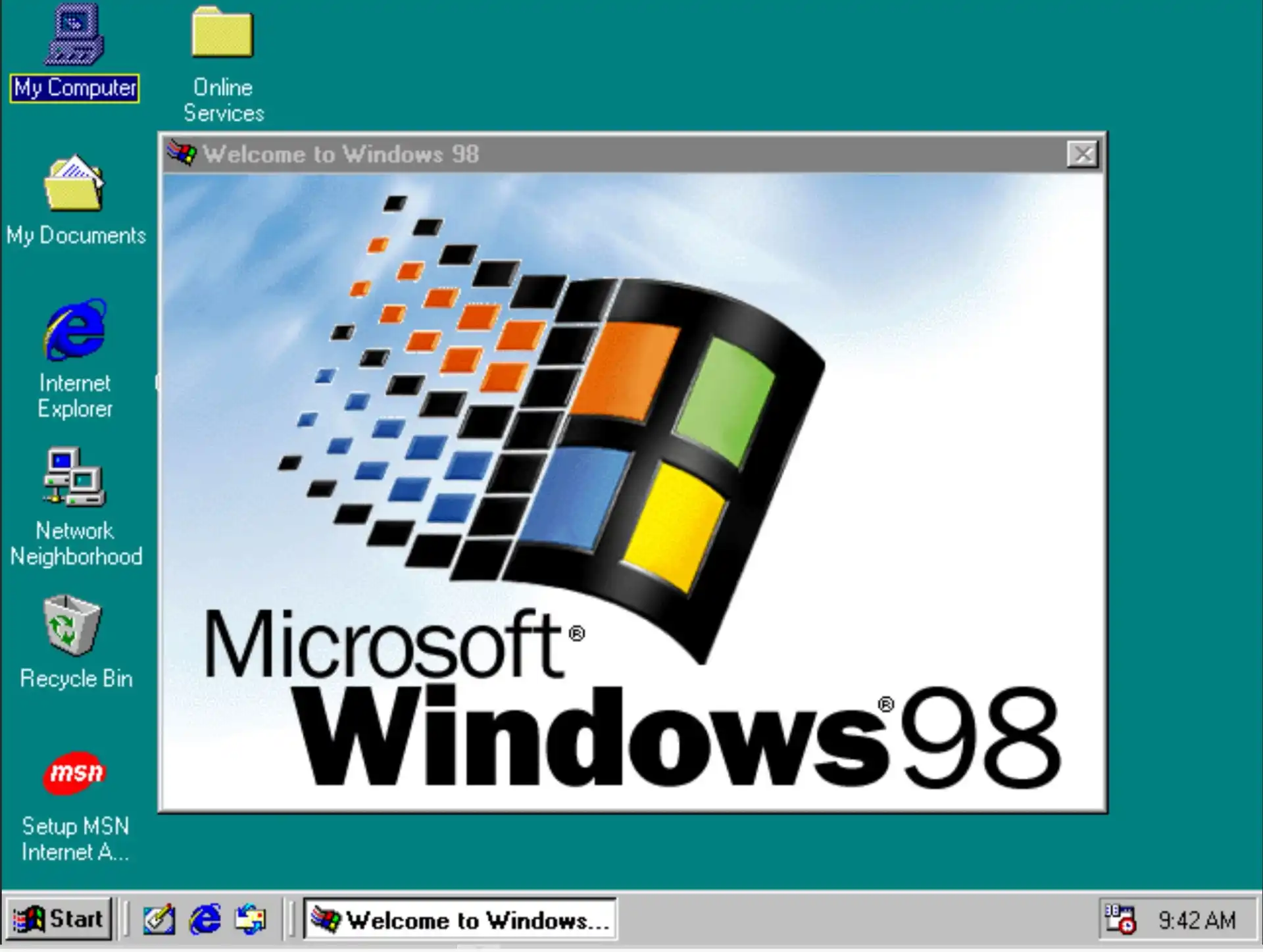 Microsoft Windows 98 logo displayed on a 1990s desktop computer screen