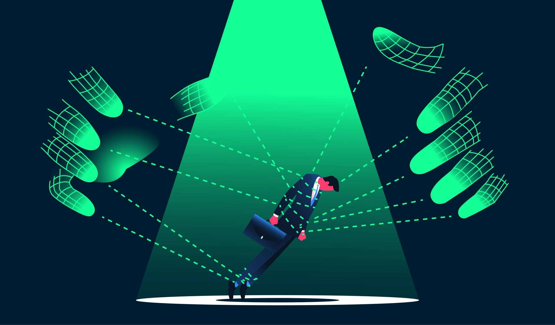 Illustration of a business man in a suit being controlled like a puppet on strings by large robotic AI hands, symbolizing how artificial intelligence can manipulate decisions and actions in the workplace, reflecting ethical risks, governance challenges, and the need for human oversight in AI-driven business environments.