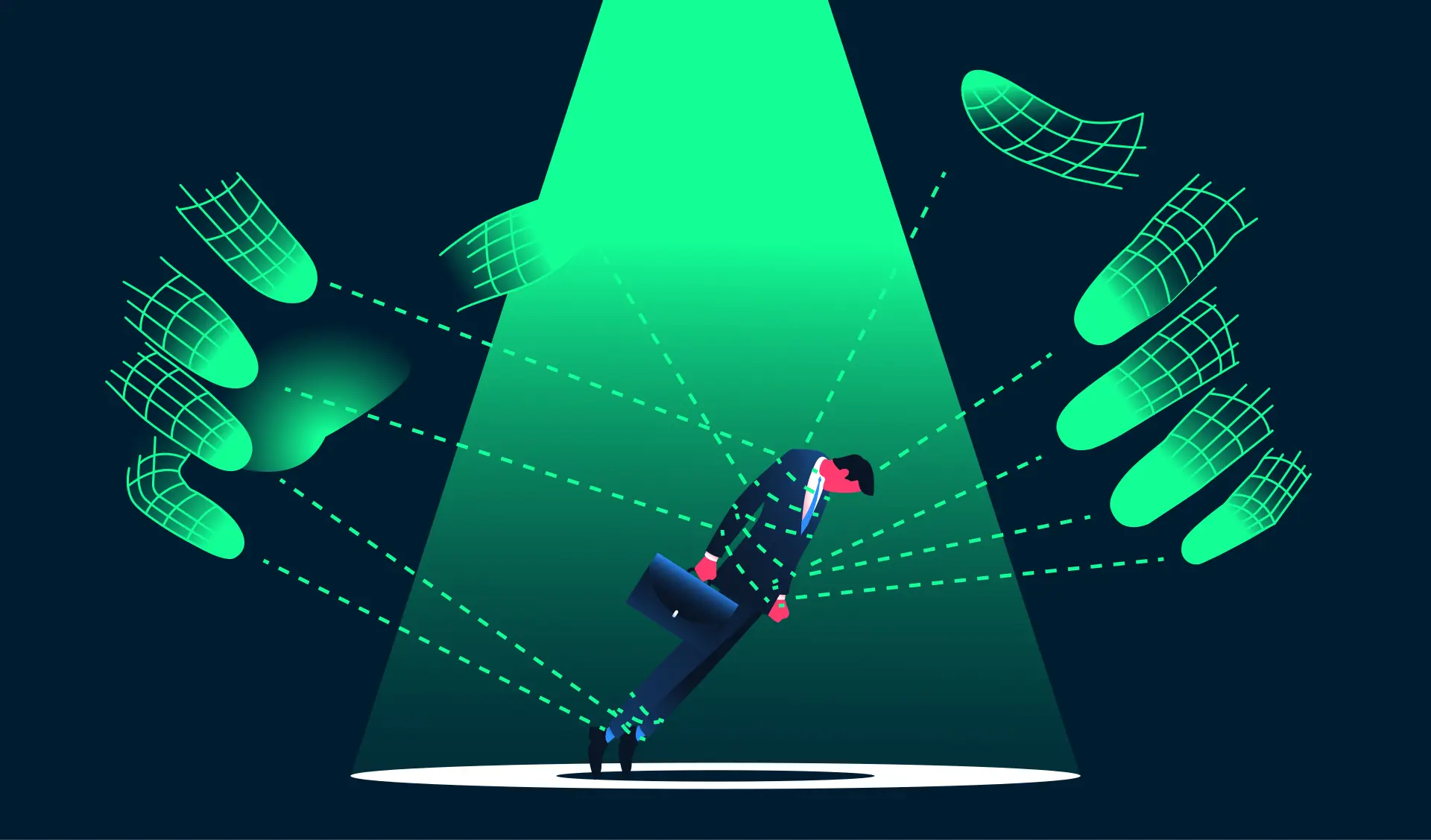 Illustration of a business man in a suit being controlled like a puppet on strings by large robotic AI hands, symbolizing how artificial intelligence can manipulate decisions and actions in the workplace, reflecting ethical risks, governance challenges, and the need for human oversight in AI-driven business environments.