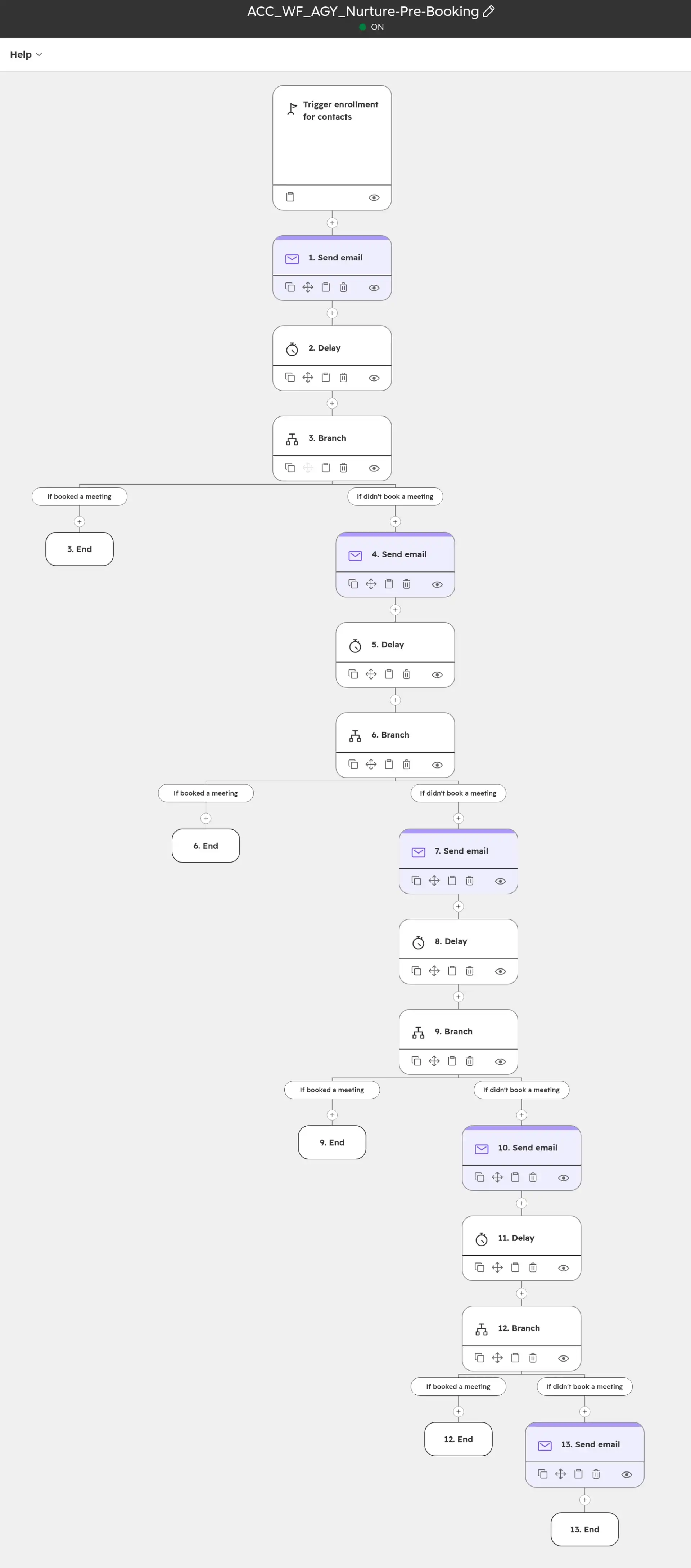 A HubSpot nurture workflow that checks for a booking before every send