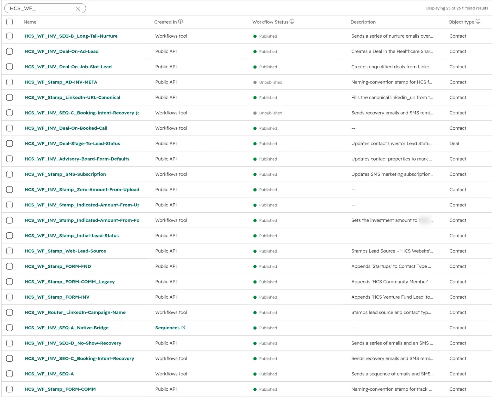 A filtered HubSpot workflow library where every automation follows one naming convention