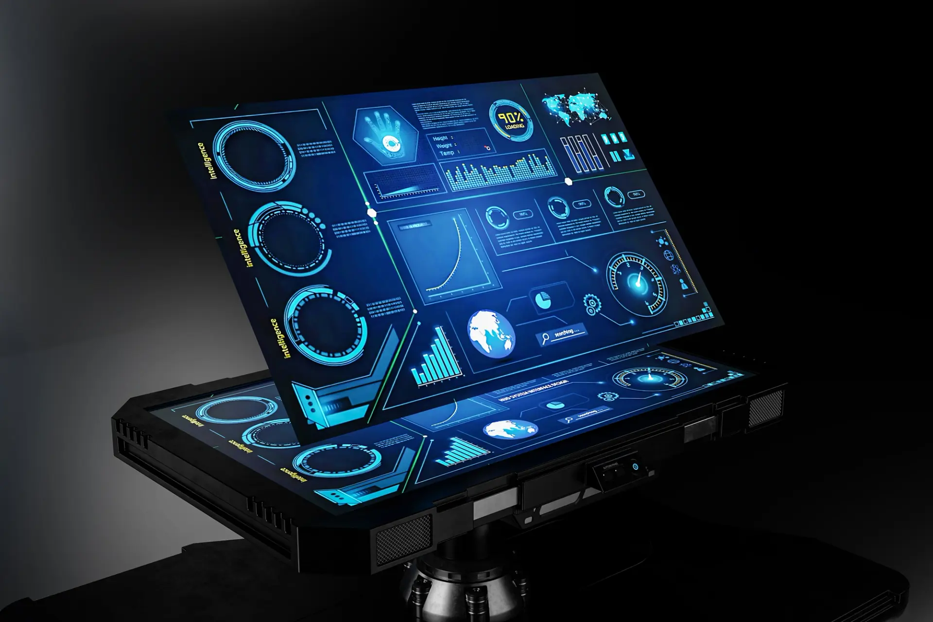 High Tech Neon Dashboard with Dials, Graphs, and Buttons