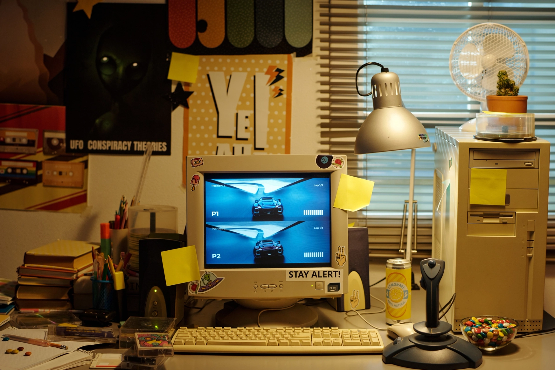 A 90s desktop computer with a bulky CRT monitor, beige tower, and wired keyboard sits on an old, cluttered desk covered in papers, cables, and office supplies, visually echoing the dot-com era’s early internet workplaces and contrasting with today’s sleek AI-driven setups.