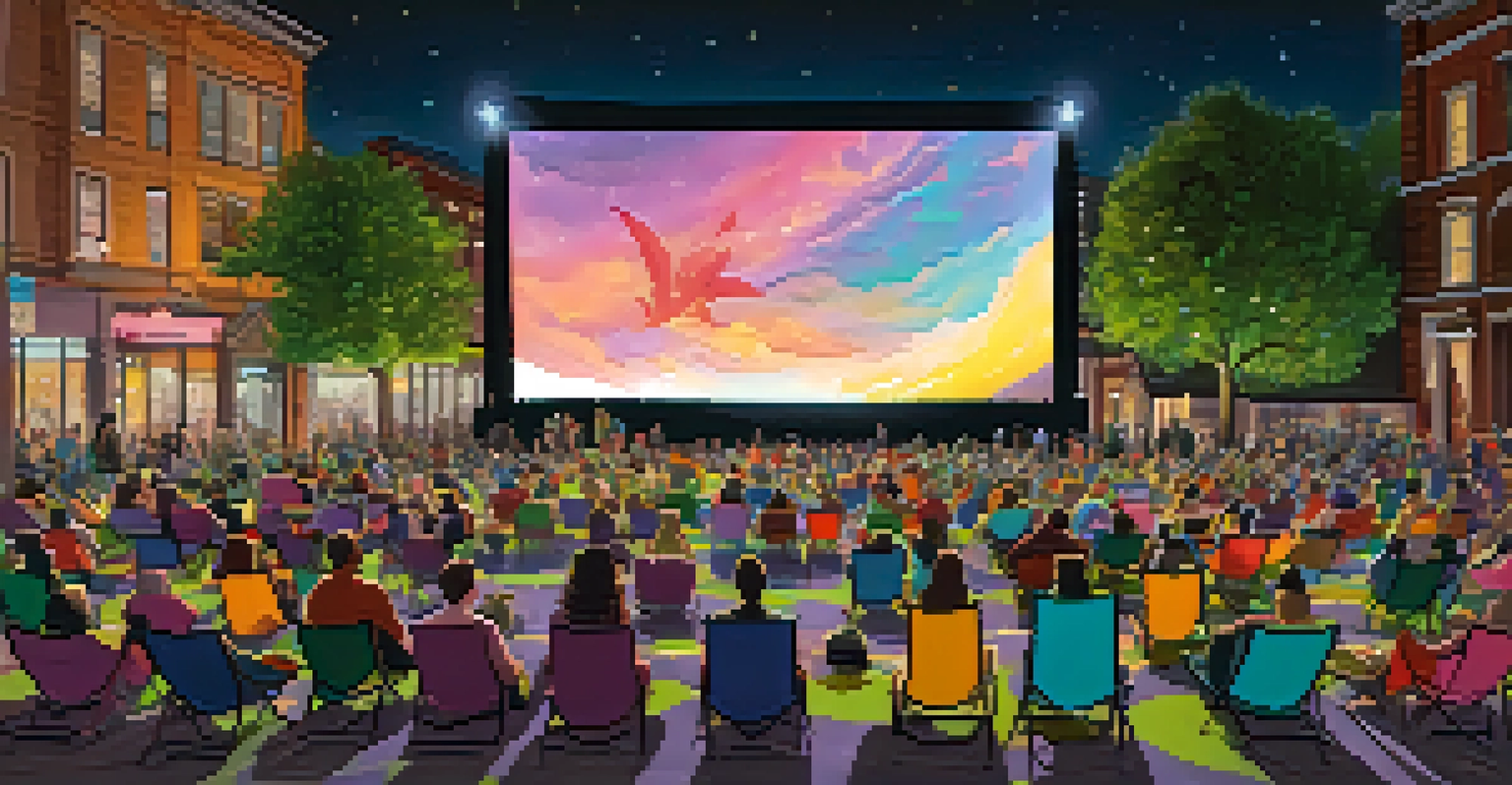 Attendees enjoying short films at the Portland Queer Film Festival, surrounded by art installations and fairy lights in an outdoor setting.