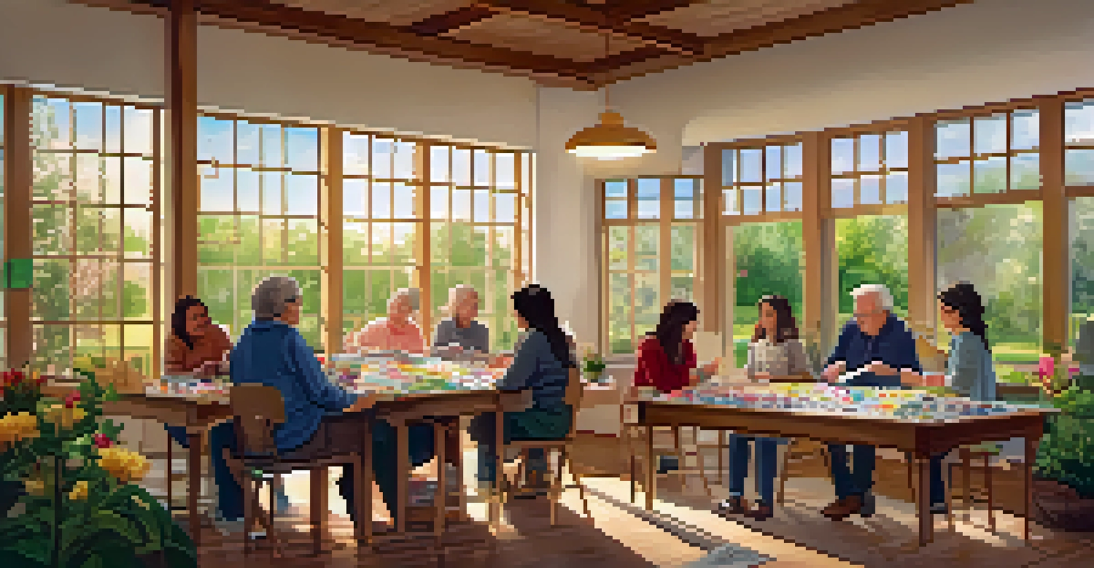 Individuals participating in an art therapy session in a community center, creating art together.