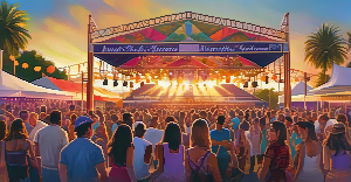 A lively summer music festival with a colorful stage and diverse crowd enjoying performances and local food.