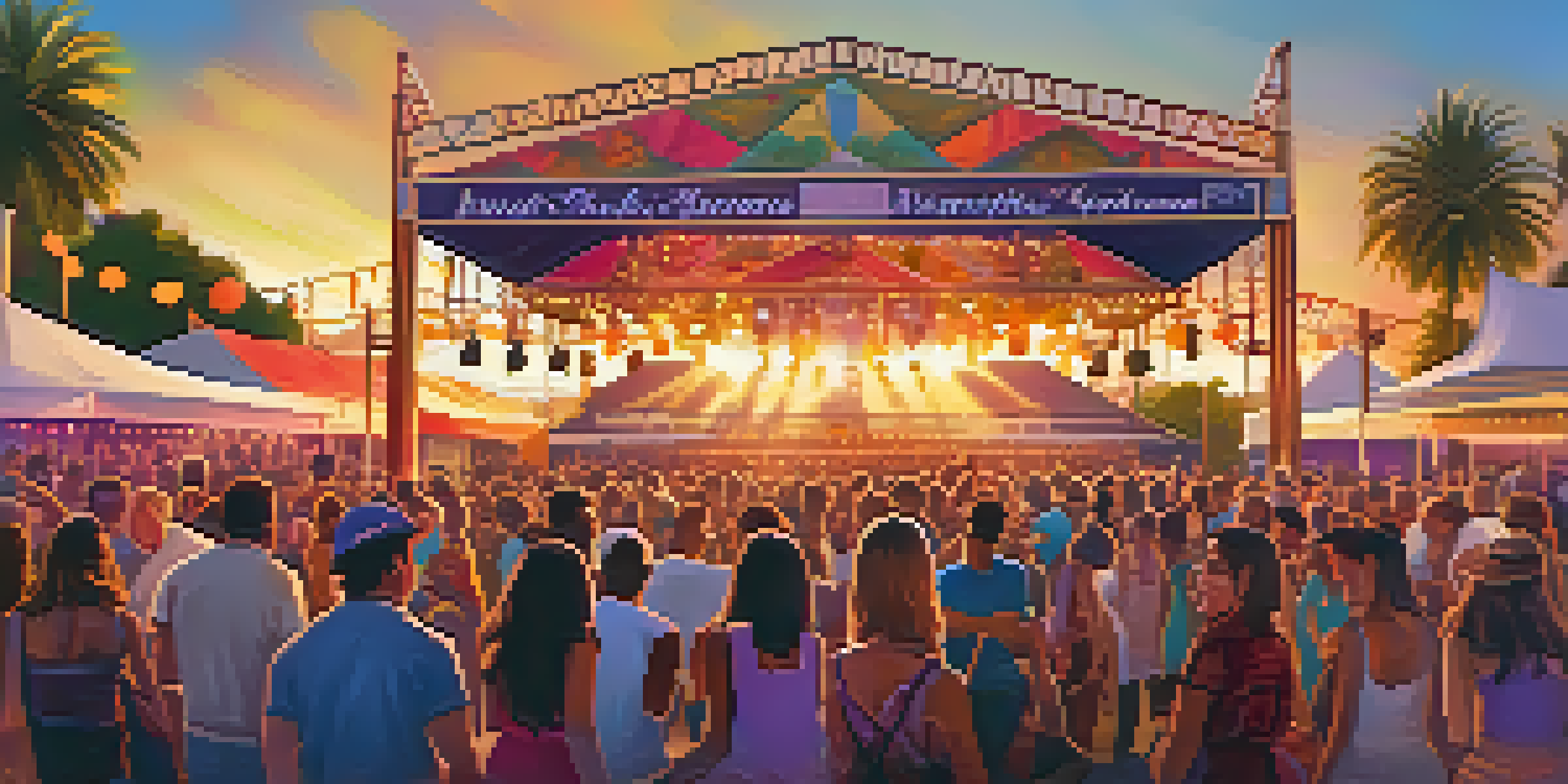 A lively summer music festival with a colorful stage and diverse crowd enjoying performances and local food.