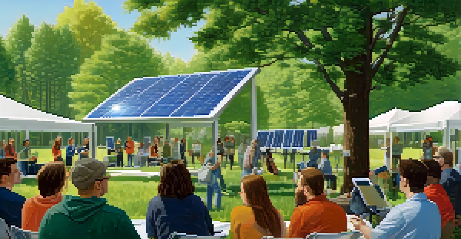An outdoor workshop on renewable energy in Portland, with participants learning about solar panels and wind turbines.
