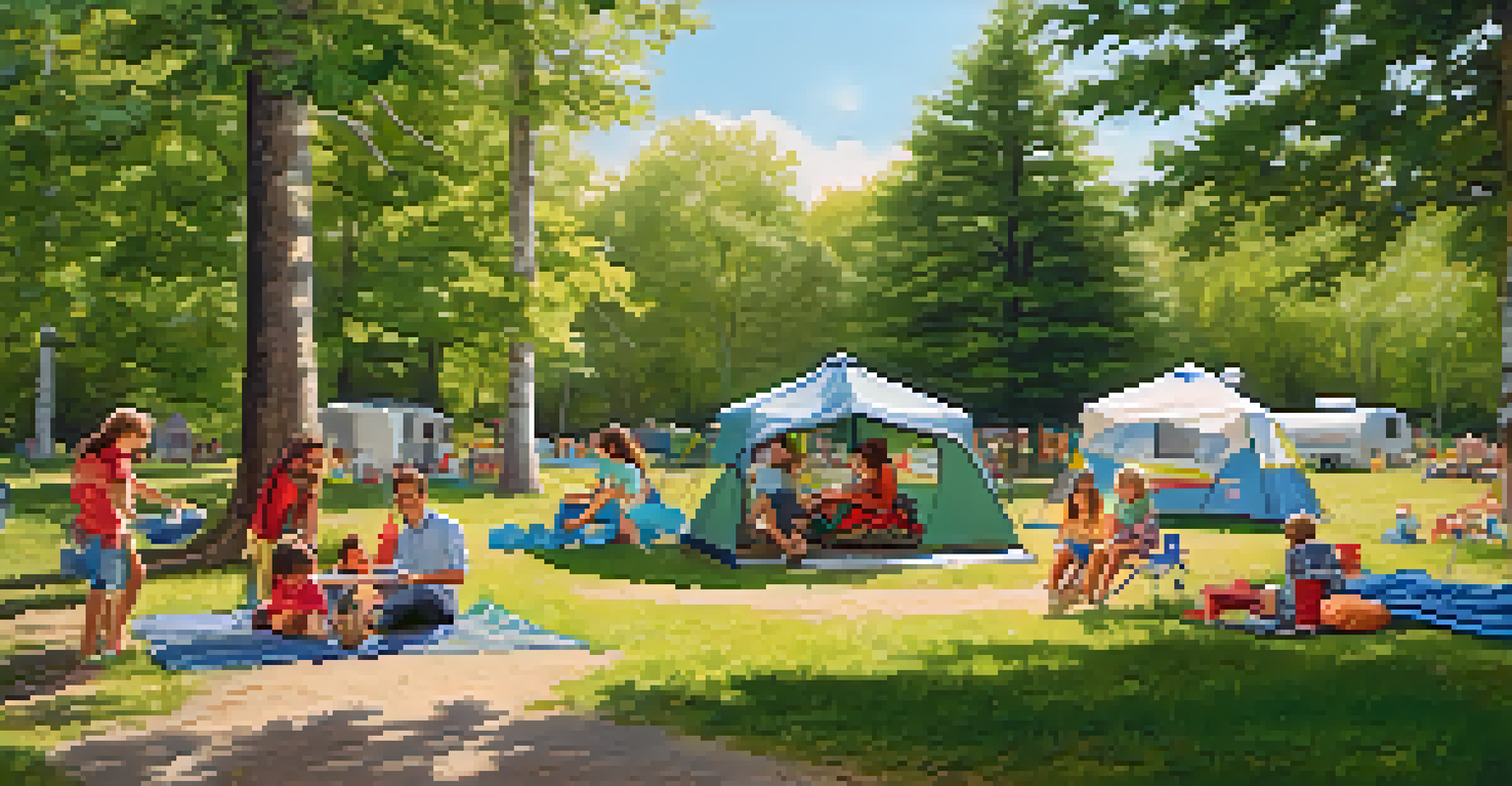 A family camping scene at Maple Grove Campground, with children playing and families enjoying a picnic under maple trees.