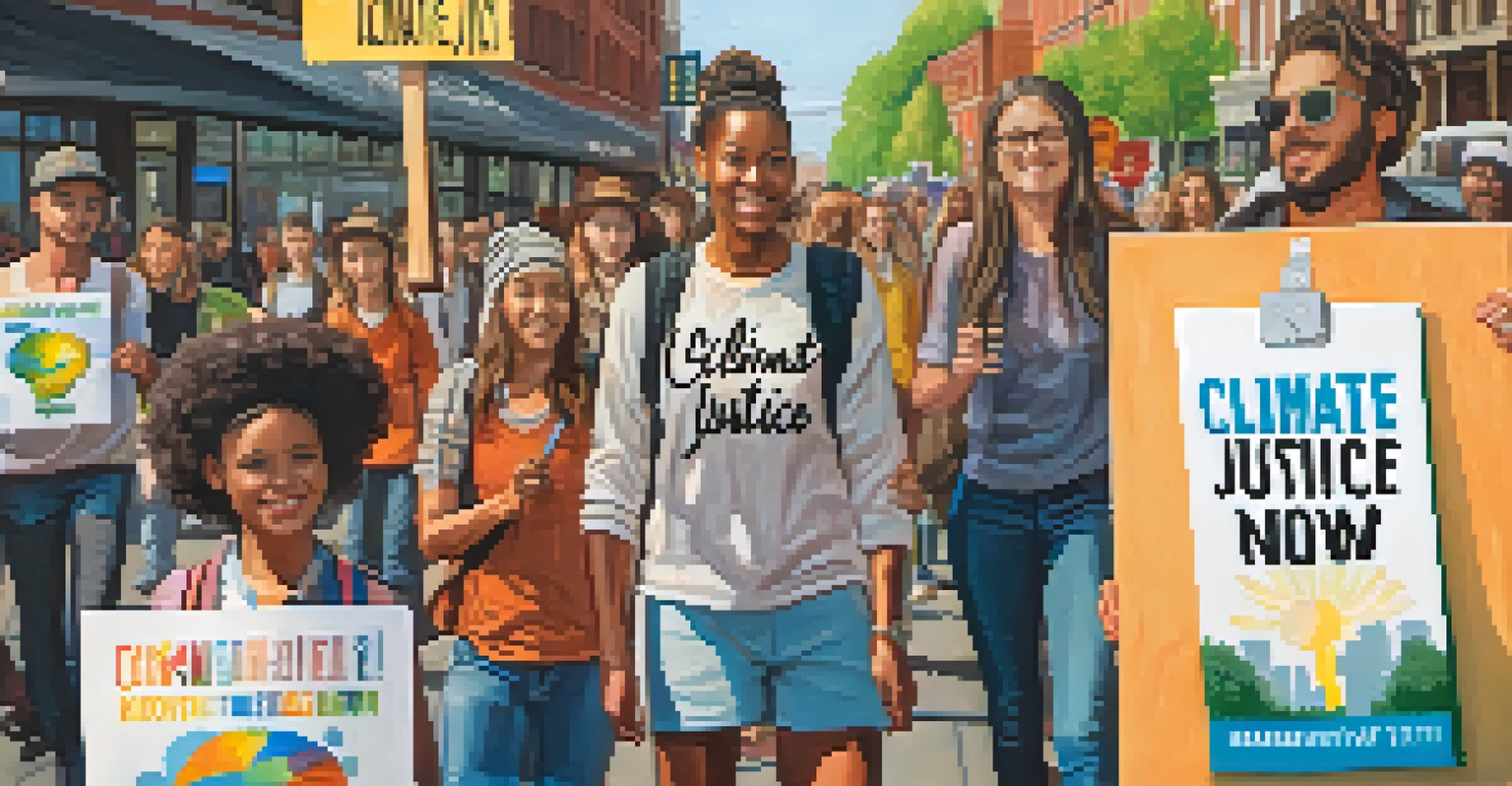 A young activist holding a sign that says 'Climate Justice Now!' in a busy Portland street with local businesses in the background.