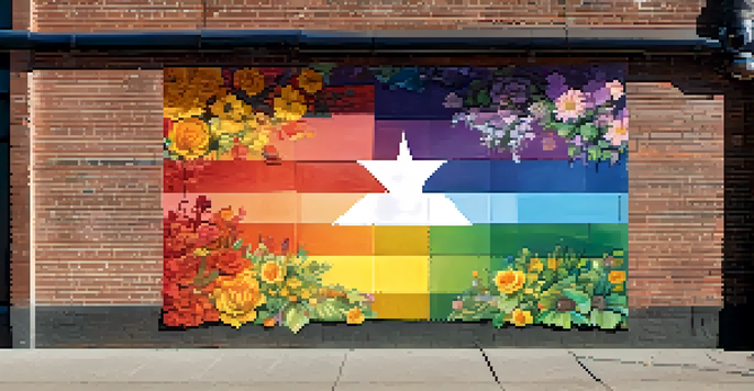 A colorful mural on a brick wall featuring a rainbow flag and floral patterns, illuminated by soft afternoon sunlight.