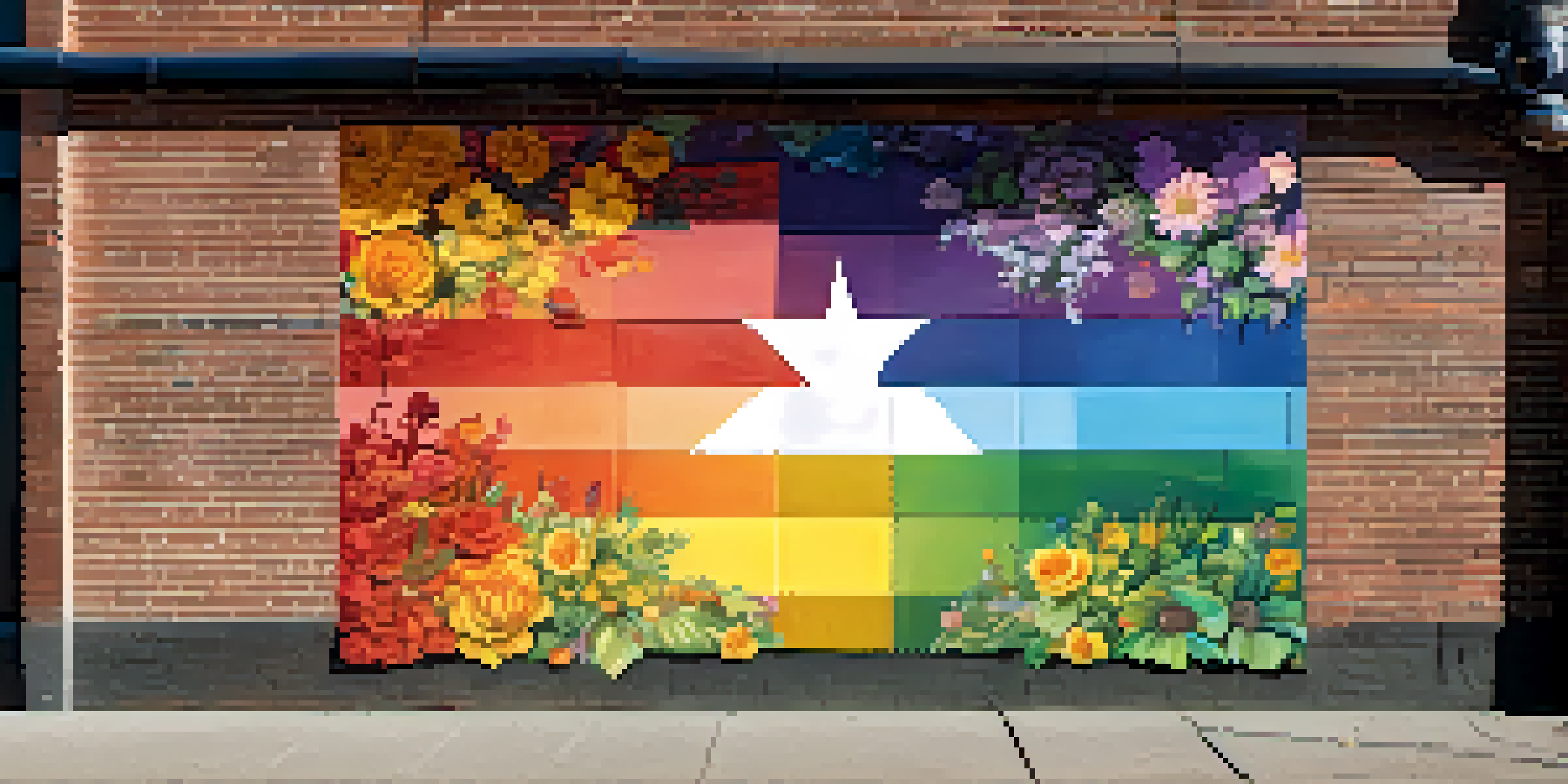 A colorful mural on a brick wall featuring a rainbow flag and floral patterns, illuminated by soft afternoon sunlight.