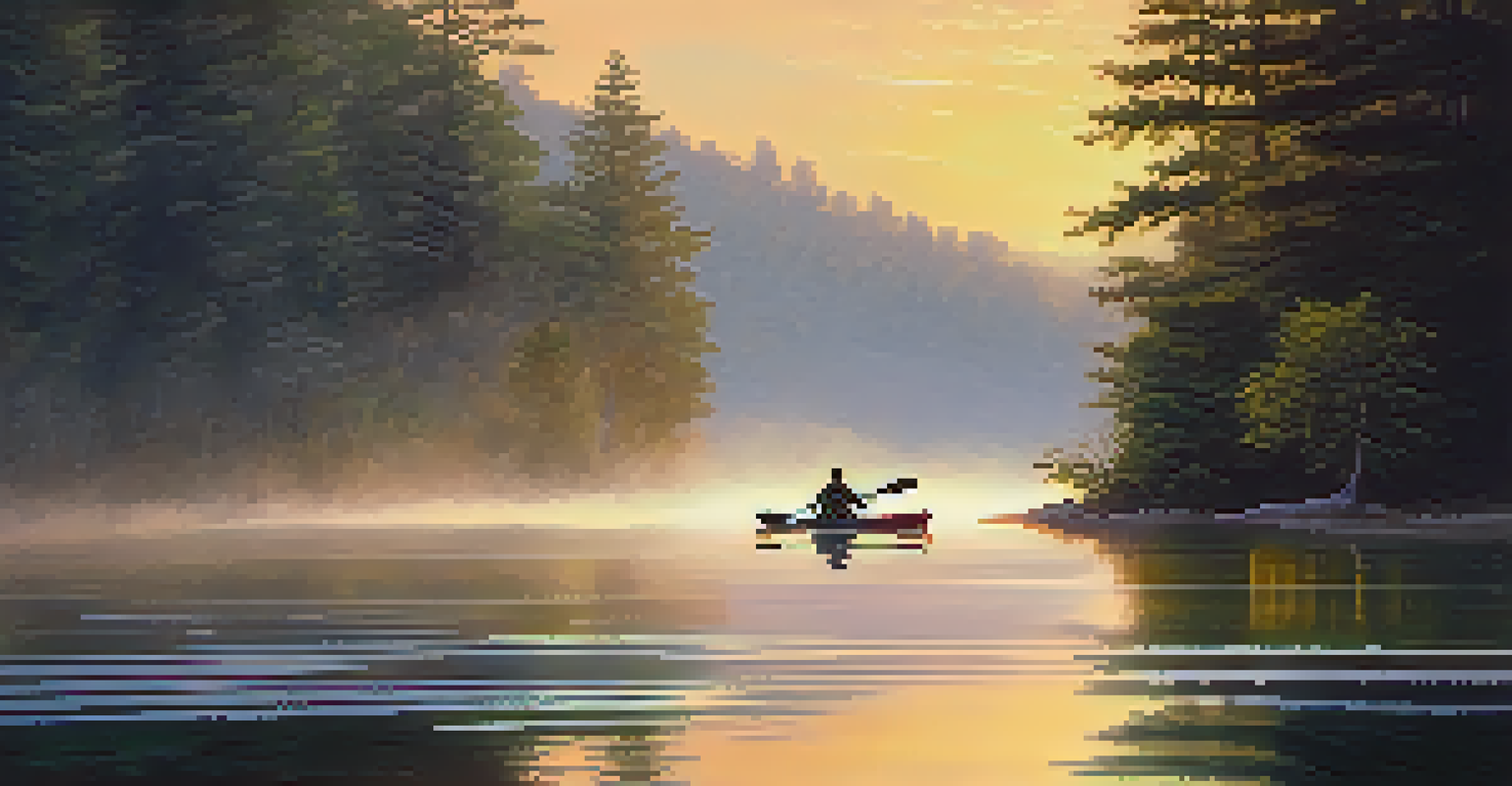 A kayaker paddling on a calm lake at sunrise, surrounded by mist and lush trees, with golden reflections on the water.