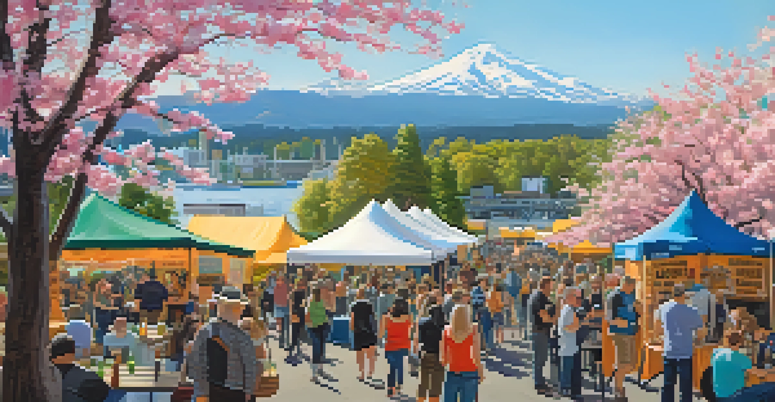 Crowd at the Portland Craft Beer Festival with colorful tents, people sampling craft beers, and a beautiful waterfront backdrop.