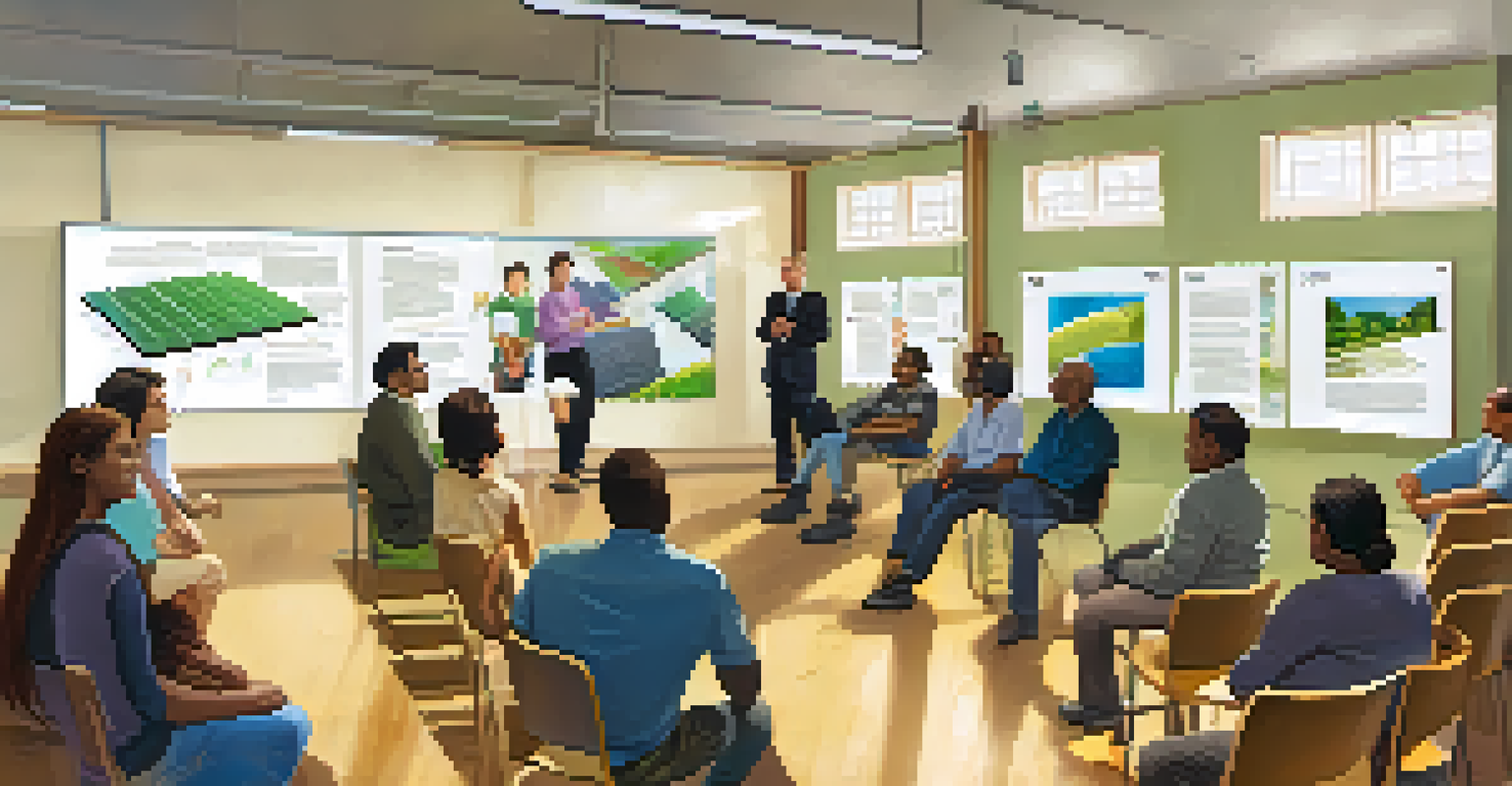 A community workshop with residents learning about renewable energy, featuring posters and a facilitator demonstrating solar panels.