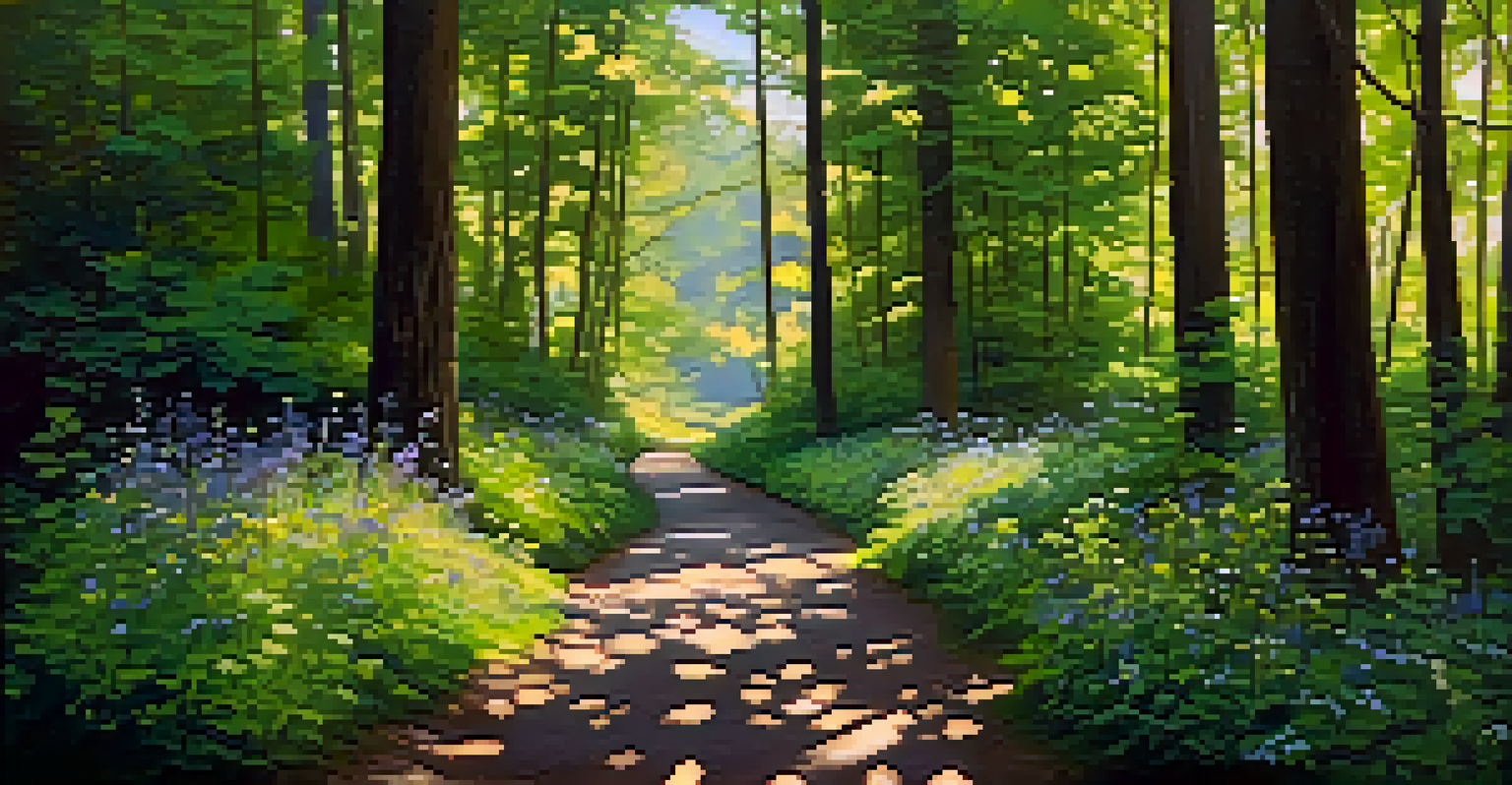 A peaceful forest trail with sunlight filtering through the trees, colorful wildflowers, and a stream running alongside.