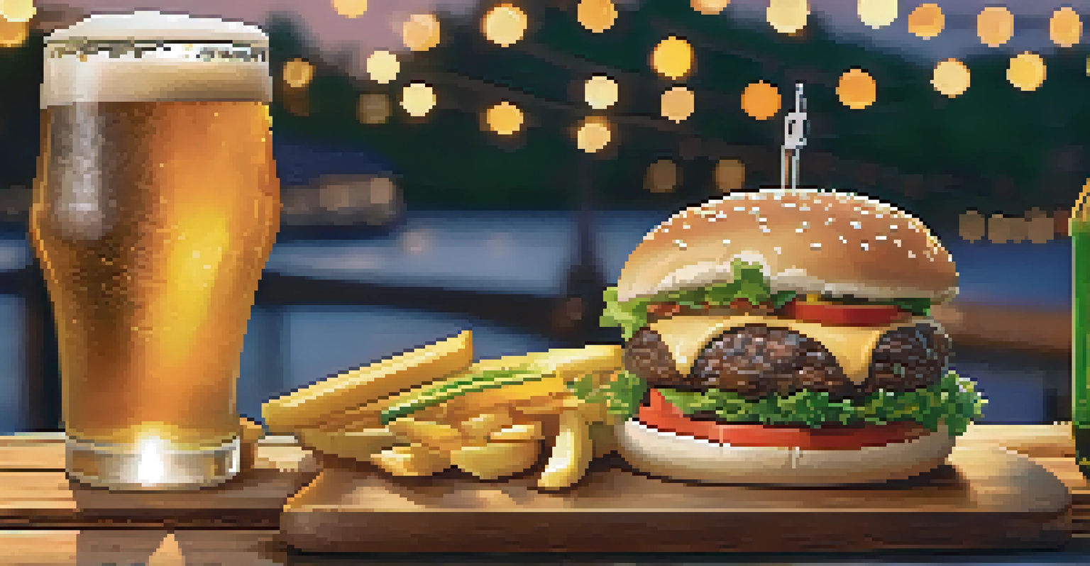 An outdoor table with a grilled burger and pale ale, set against a sunset with fairy lights.