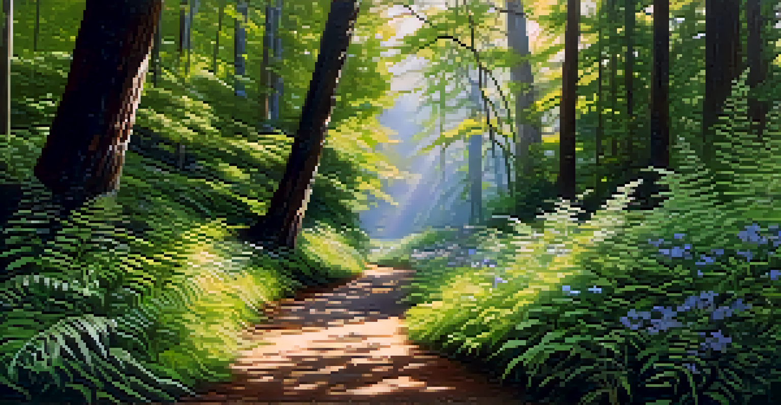 A winding path in a sunlit forest surrounded by tall trees and ferns.