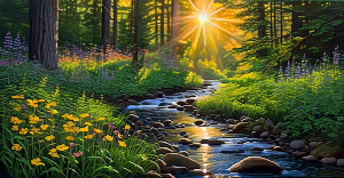 A beautiful forest landscape with wildflowers and a stream at sunset.