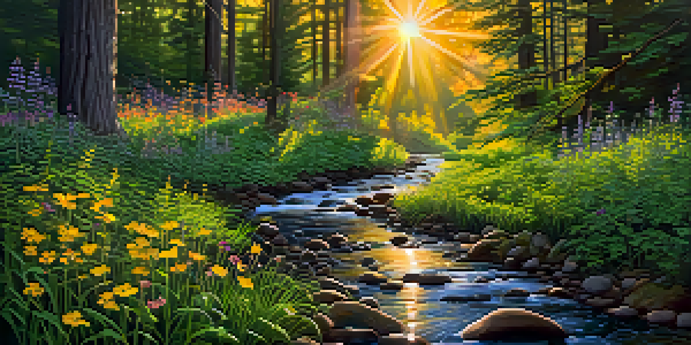 A beautiful forest landscape with wildflowers and a stream at sunset.