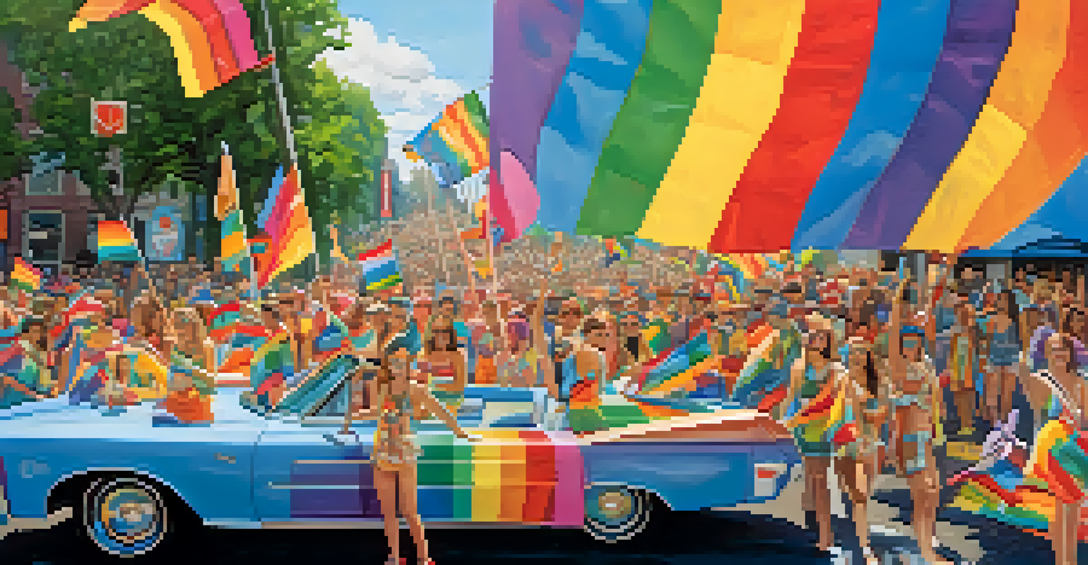 A lively Portland Pride Festival parade with participants in colorful costumes and rainbow decorations.