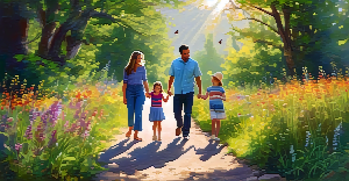 A family of four walking in nature, with children pointing at a butterfly and parents smiling under the sunlight.