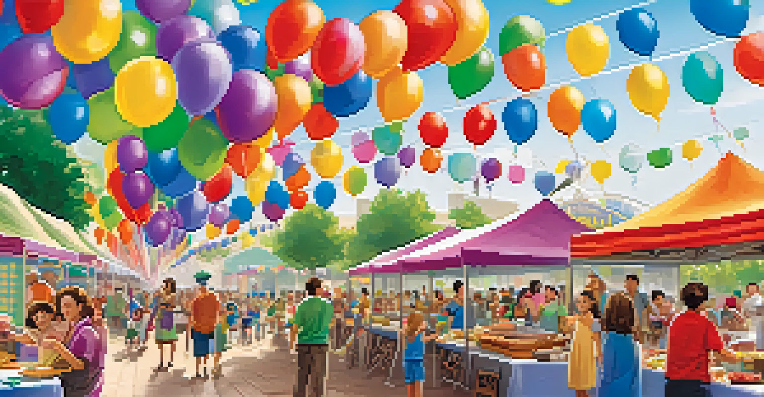 Families enjoying a food festival with children participating in cooking classes, colorful decorations, and live music in the background.