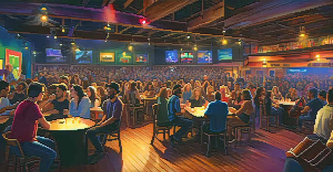 A vibrant local music venue with a diverse audience enjoying a live band performance under colorful lights.