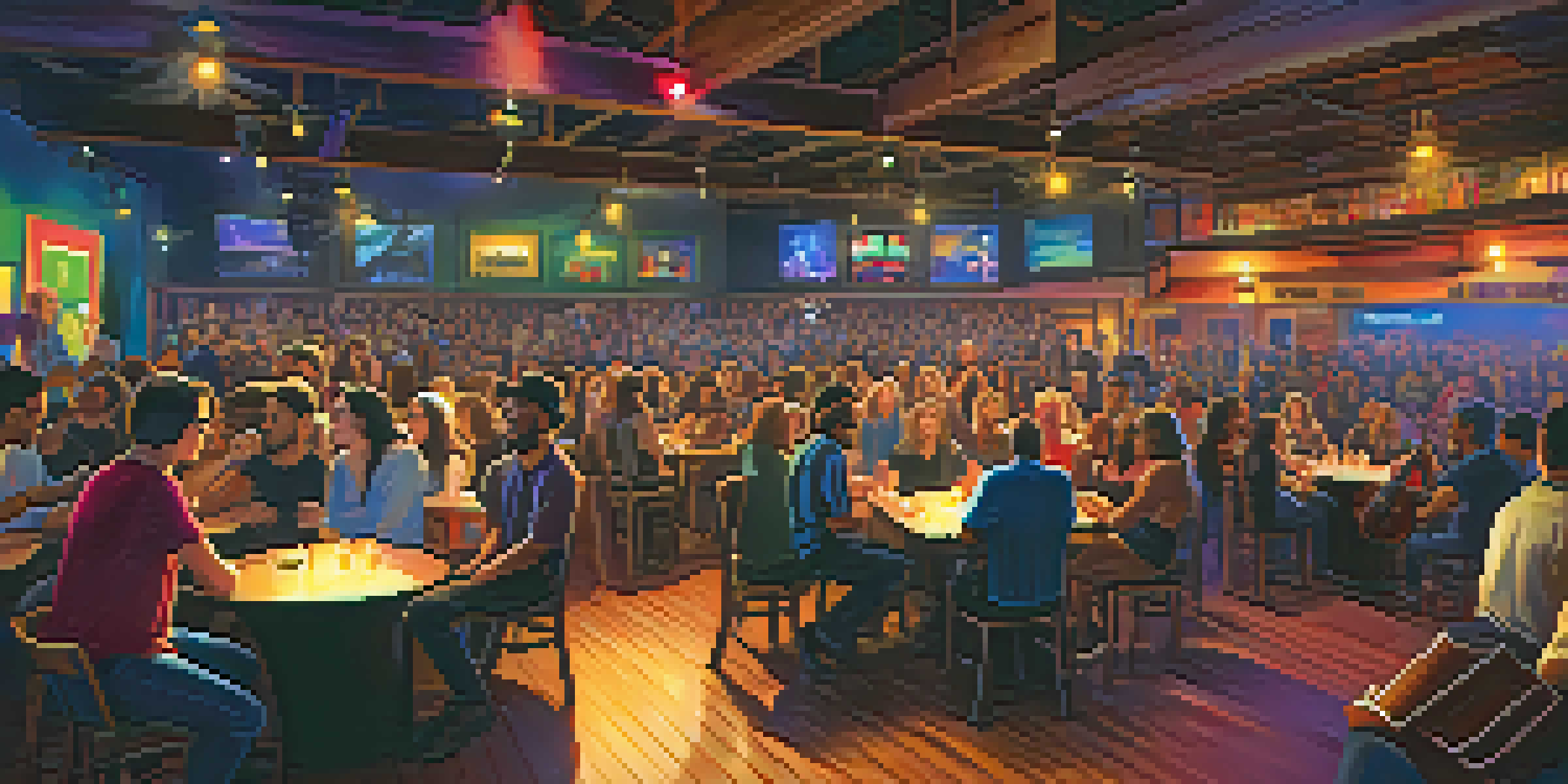 A vibrant local music venue with a diverse audience enjoying a live band performance under colorful lights.