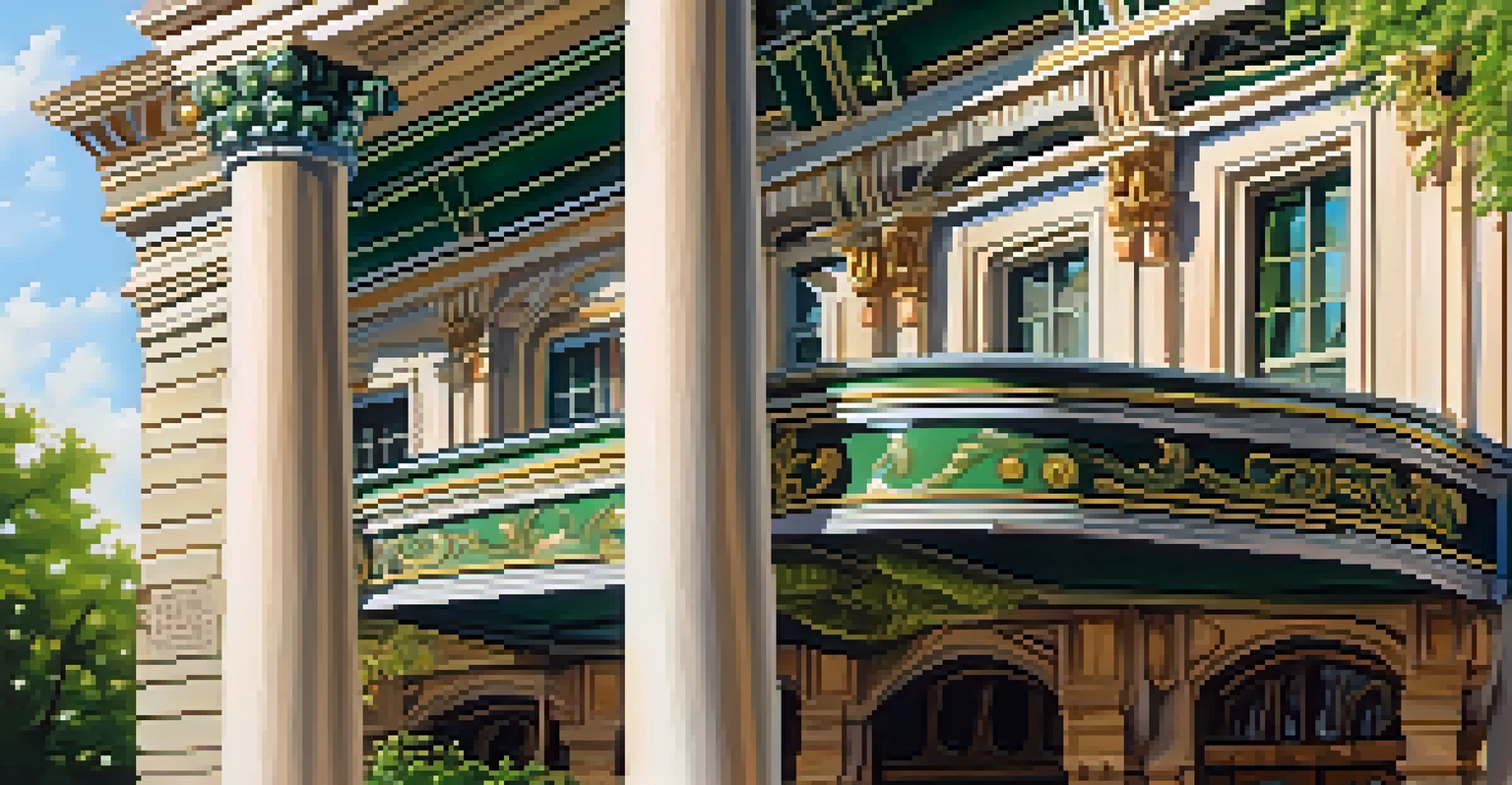 A close-up view of the intricate architectural details on the facade of a historic theater, with sunlight creating shadows.