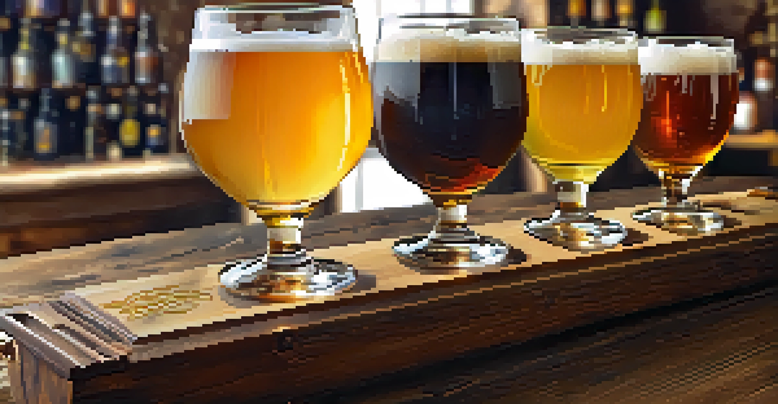 A close-up of a craft beer flight on a wooden table, featuring various beer styles in small glasses.