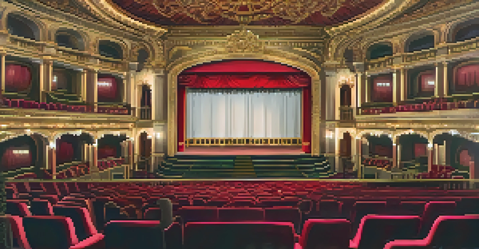 The interior of a historic theater with red velvet seats and an ornate ceiling, set for a performance with golden lighting.