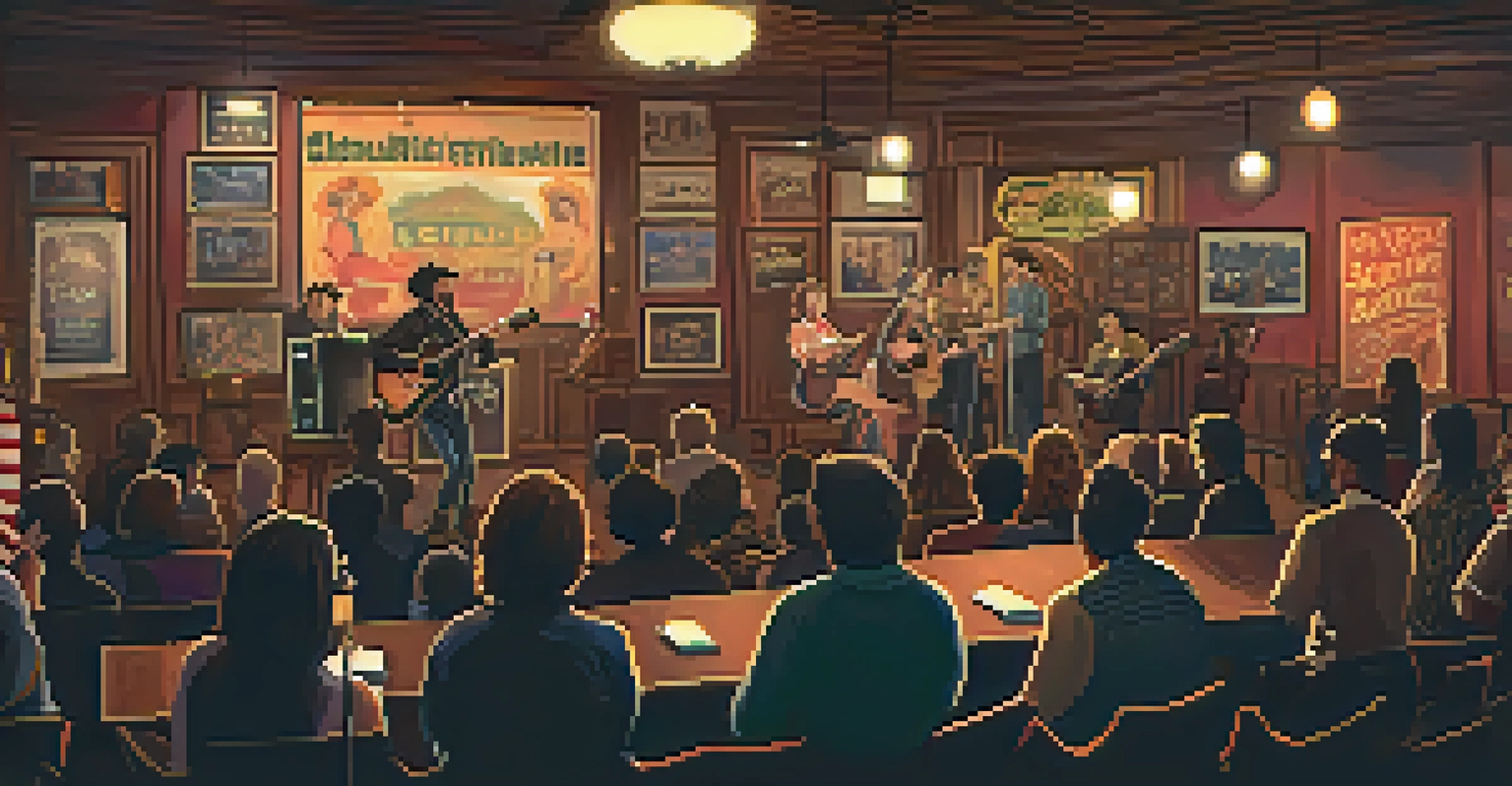 An intimate music venue with a singer and guitarist performing, surrounded by captivated audience and warm lighting.