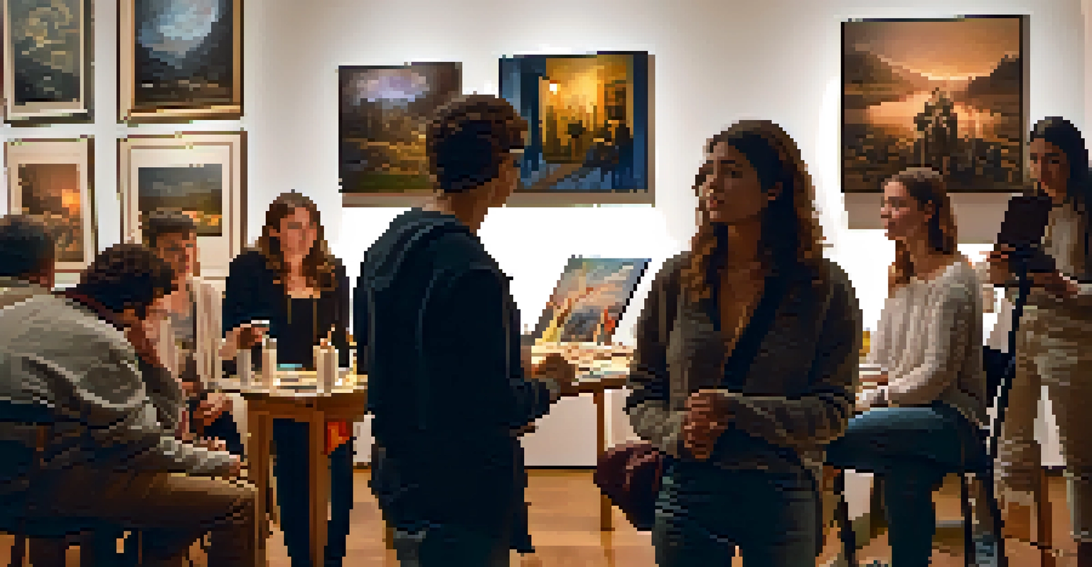 An artist demonstrating a technique to a small group of interested attendees in a warmly lit gallery.
