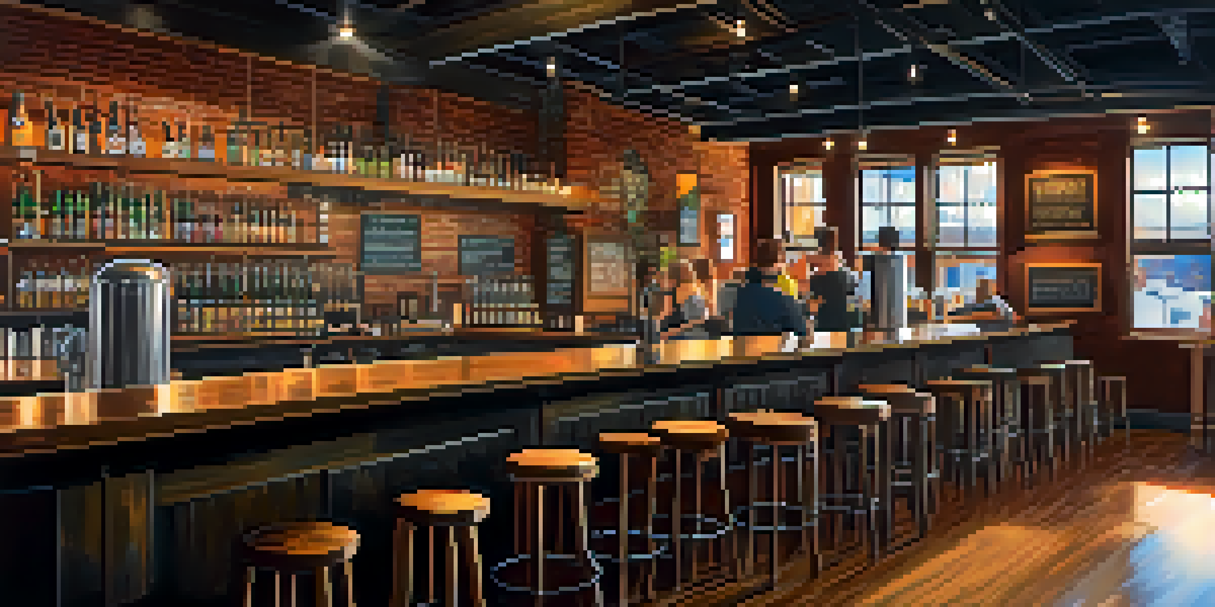 Interior of a Portland brewery with wooden tables and barrels, patrons enjoying craft beers, warm lighting, colorful beer taps, and a view of the street.