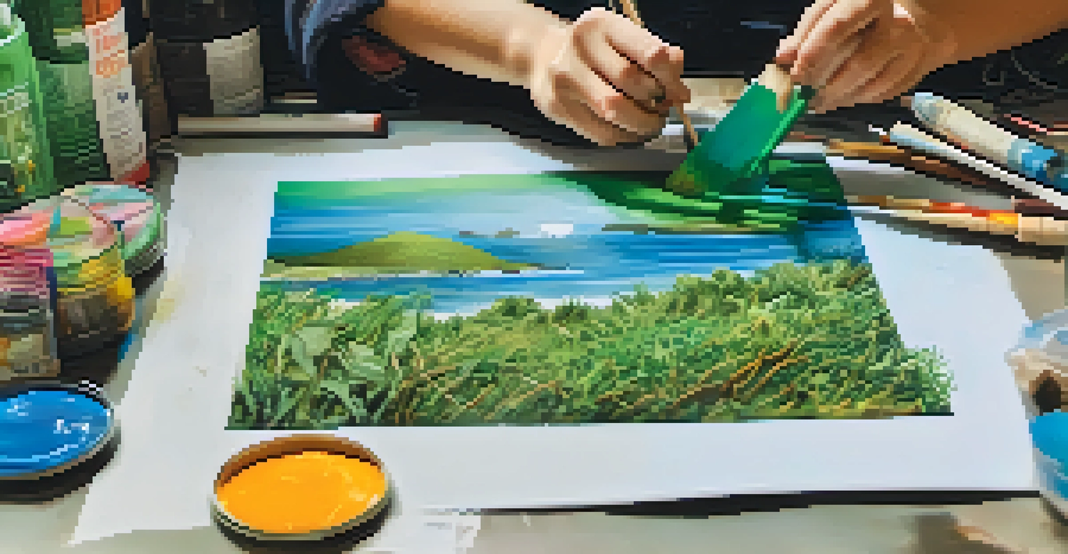 A close-up of a young activist's hands working on eco-friendly art using recycled materials, with bright colors and textures visible.