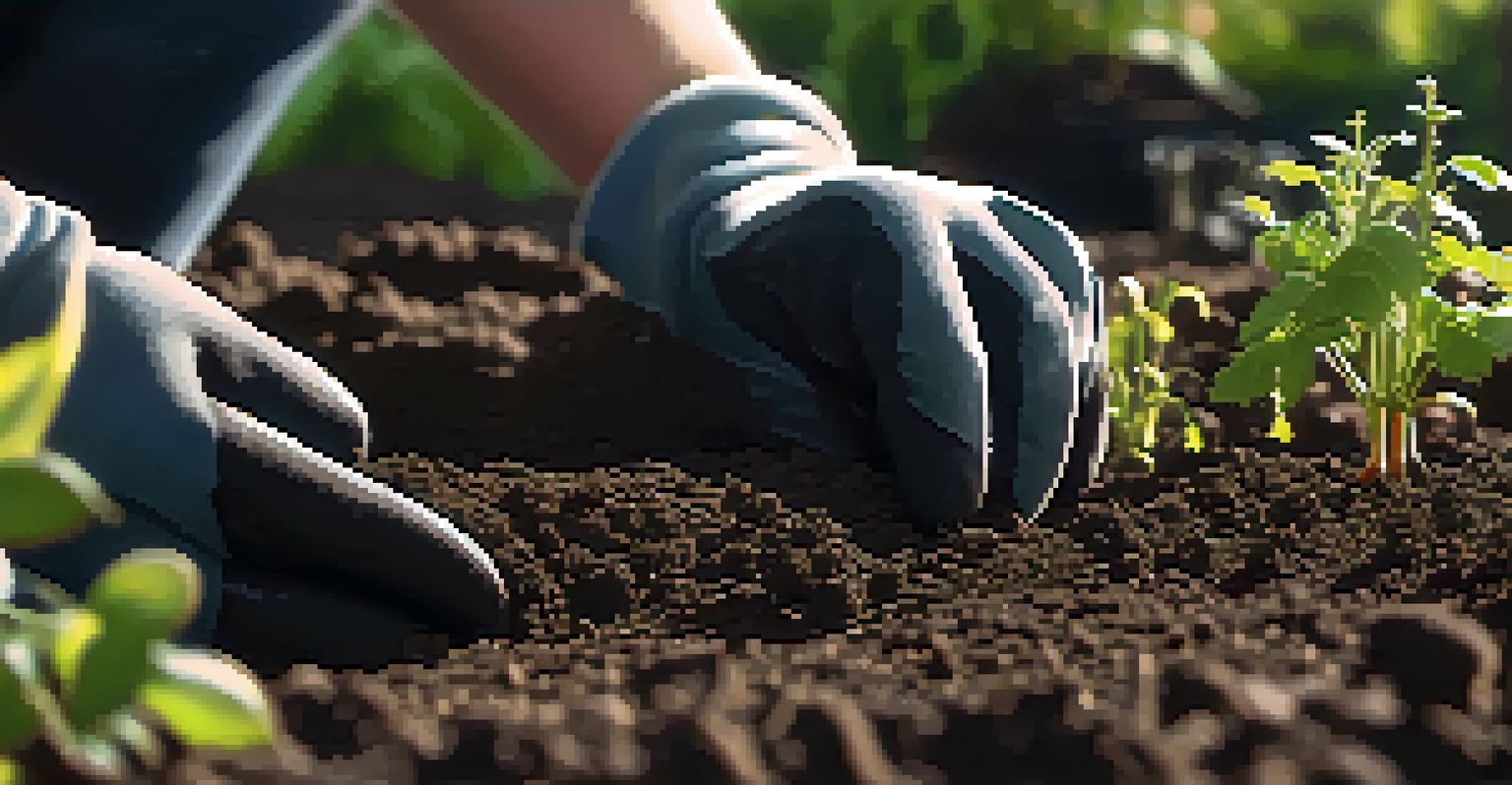 Close-up of a gardener's hands planting seedlings in the soil of an urban garden in Portland, with tools and sunlight in the background.