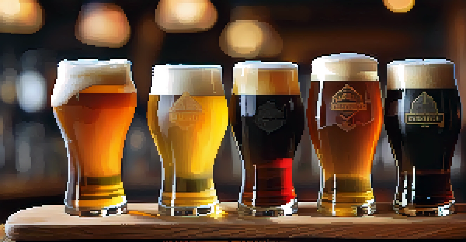 A close-up of a craft beer flight with different beer styles served on a wooden paddle, set against a blurred brewery background.