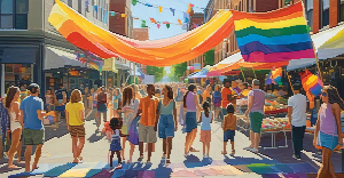 A lively street scene in Portland during the Pride Festival, with families celebrating, rainbow flags, and various vendors.